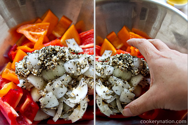Add onion mixture to the peppers. Use your hands to make sure that all of the peppers are well coated with the oil and spices.