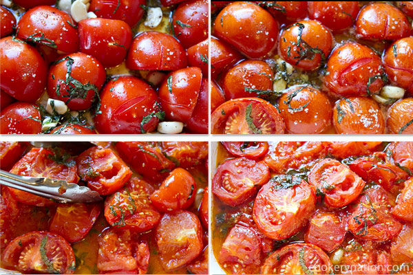 The total cook time will be approximately 2.5 hours. Set a timer for 30 minutes and then turn the tomatoes.