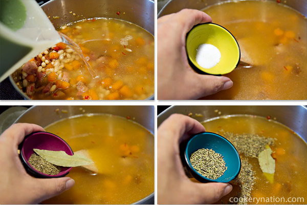 Add stock, salt, pepper, thyme, bay leaf and rosemary.