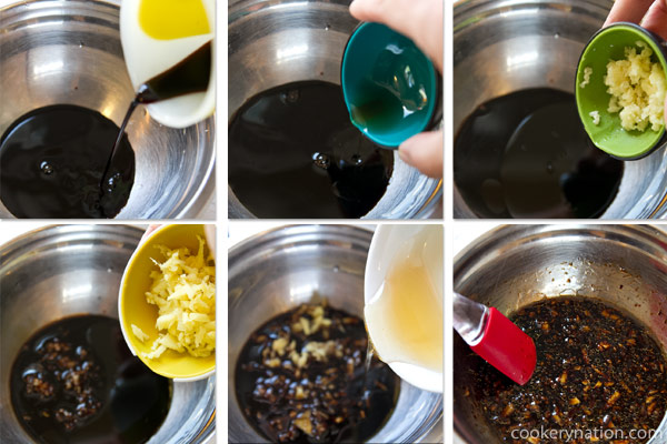 Combine soy sauce, sesame oil, garlic, ginger and honey. Stir well.