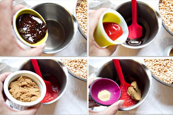 In a small sauce pan combine the molasses, tomato sauce, brown sugar and dry mustard.