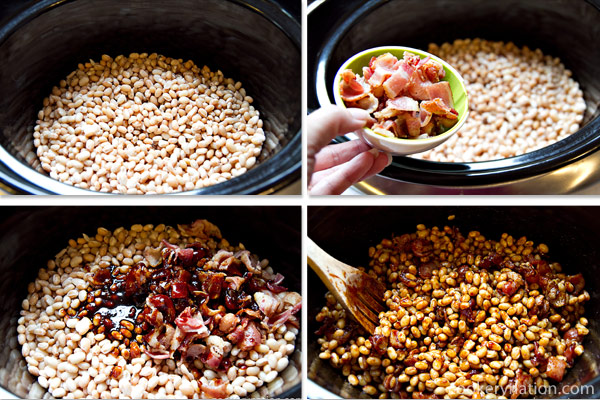 Place beans, bacon and heated mixture into slow cooker and stir well.