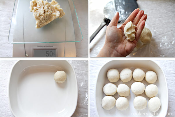 After the dough is rested, form it into golf ball sized balls. Try to make them as even as possible. We use a scale and measure out 50 g portions. It is easier if you form all of your balls and then press them out.