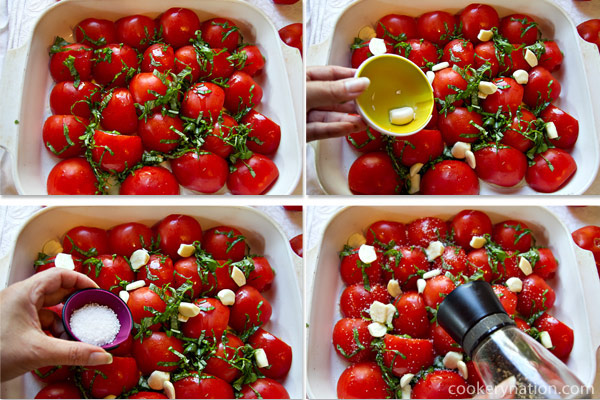 Sprinkle with basil, garlic, salt, and a grinding of pepper.