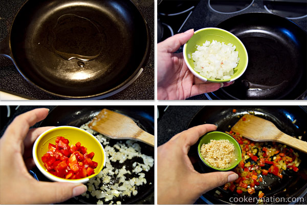 Heat a pan (use a deeper soup pot instead of a fry pan like the one pictured) over medium-high heat. Add onions, peppers and garlic and saute for 3 - 5 minutes.