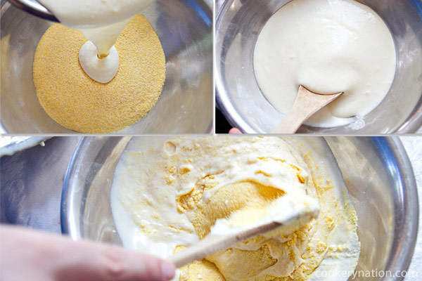 Mix the wet ingredients into the dry ingredients.