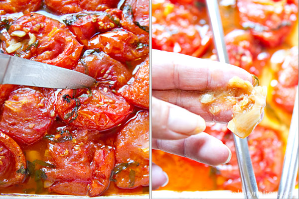 After the first 30 minutes, set a timer for one hour increments. They are done when the skins and flesh are soft and the garlic is mushy. Remove from the oven and allow the tomatoes to cool down.