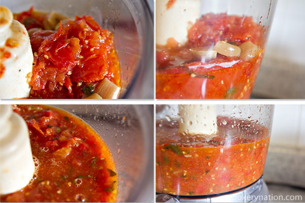 Transfer the tomatoes to a food processor or blender. Blend or process to your desired consistency. I like it a bit chunky, so I just pulse it a couple of times.