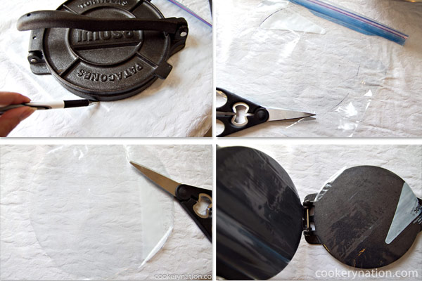 Use your tortilla press as a guide and mark out a circle on a large food bag. Cut it out with scissors. There is no need to grease the plastic.