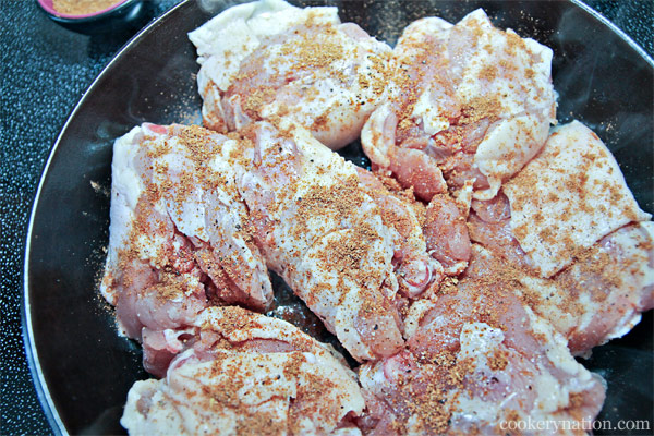 Sprinkle 1/2 of the Moroccan spice onto the chicken. If your stove does not run too hot, you should be able to leave the heat on Medium. The chicken needs to be sizzling, but not spitting. Now wait. You may need to wait 10-12 minutes.