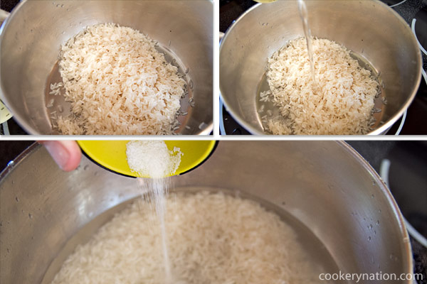 Place drained rice in a sauce pan and add water and salt.