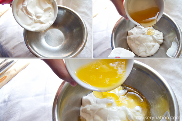 Combine all of the wet ingredients (butter, yogurt, honey) in another bowl.