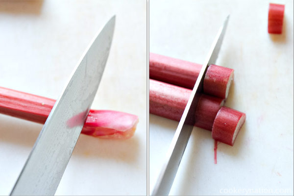 Wash the rhubarb and trim the ends. Slice the rhubarb.