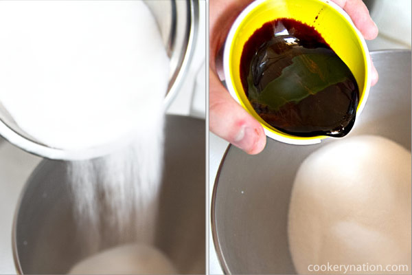 Add sugar to mixing bowl and then add the molasses.