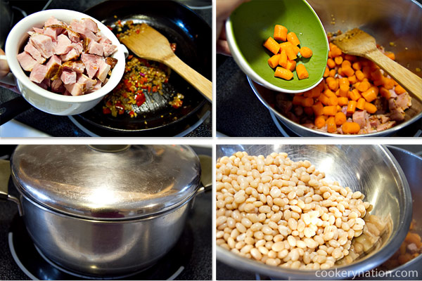 Lower the heat to Medium, and add the ham and carrots (I transferred my ingredients into a deeper pot at this point. You should start with a deep pot). Cook covered until the carrots are almost cooked through. Stir occasionally. Then add the beans and stir.