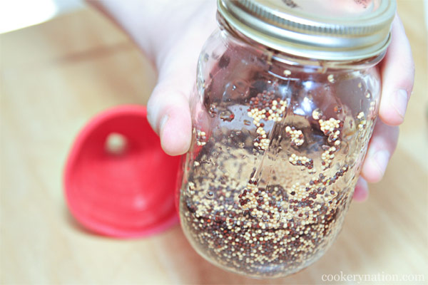 Give the jar a shake to mix everything. Let this mixture sit for 10 minutes before adding the vinegar.