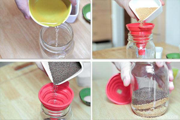 Add cold water to the jar. Warm or hot water will kill the mustard flavour. Then add the white and brown mustard.