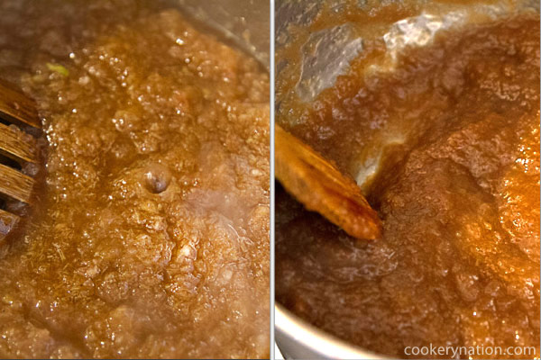 Place pot on stove over medium heat. Allow it to come to a boil. Reduce heat so that the mixture is simmering (it will have bubbles breaking the surface, but it is slow and gentle). Stir every couple of minutes until the mixture has reduced and thickened. Once it thickens, remove from heat and allow it to cool.