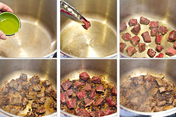 Place oil in the pressure cooker and heat over medium high heat. Once the pot is quite hot, sear the meat. If the meat does not sizzle, let the pot heat up some more. Turn the heat down to Medium if the meat is spitting, so that it won’t burn. Do not overcrowd meat (the pieces should not touch) and do it in batches if needed. Once seared, remove from pot.