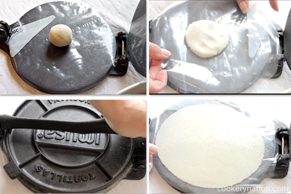 Place one sheet of plastic on the bottom of the press. Put a dough ball onto the press and cover with the second piece of plastic. Press down on the ball lightly to flatten it a bit. Do not press too hard. If you want your tortilla thinner, rotate the tortilla 180 degrees and press again. Keep rotating the tortilla until you are happy with the thickness.