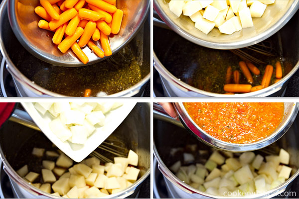 Add carrots, potatoes, onions and tomatoes.