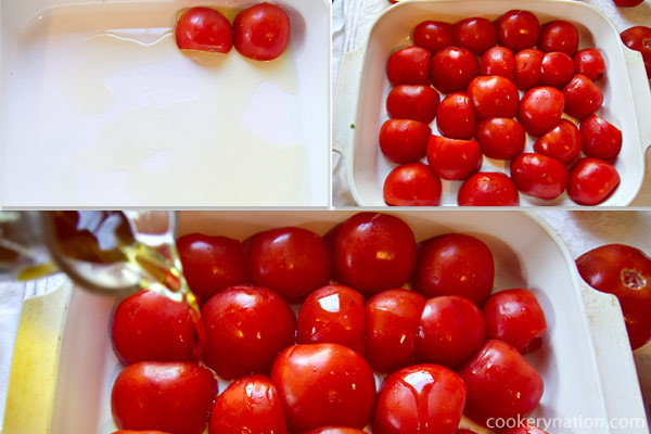 Place the tomatoes into the pan and drizzle with the rest of the oil.