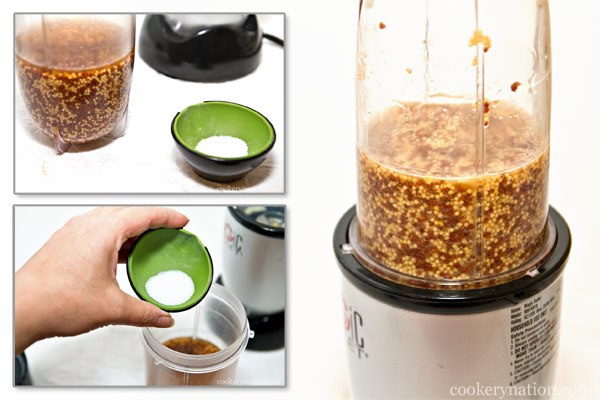 Add salt to the mix and stir to incorporate. Grind the mustard to your desired consistency. Use a food processor, other small mixing appliance or even just a fork or spoon to crush some of the seeds.