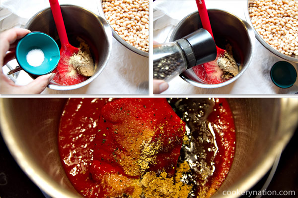 Add salt and pepper and stir well. Heat this mixture on the stove to dissolve the sugar.