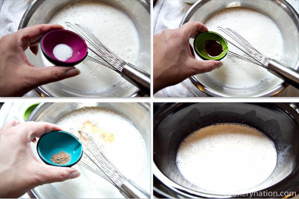 Add salt, vanilla extract and nutmeg. Pour this mixture into the slow cooker.